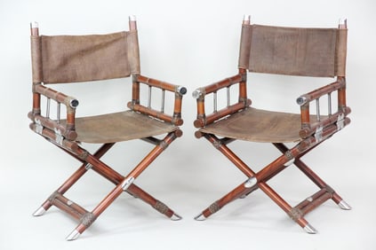 Pair of Bamboo & Leather Campaign Director's Chairs, McGuire