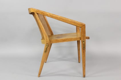 Caned Back Oak Modernist Armchair, Style of Harold Schwartz