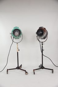 Pair of Large Industrial Spotlights on Rolling Tripod Stands, Hollywood