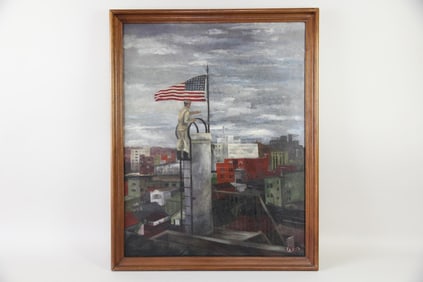 Painting on Canvas, Patriotic Figure in a Cityscape