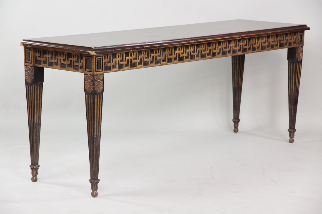Nancy Corzine Carved Wood Console Table: Nancy Corzine Carved Wood 7 Ft Long Console Table. Extra long console table with carved and gilded details on the apron and fluted legs. Stamped Nancy Corzine. Dimensions are 34 in h x 84 in w x 24 in