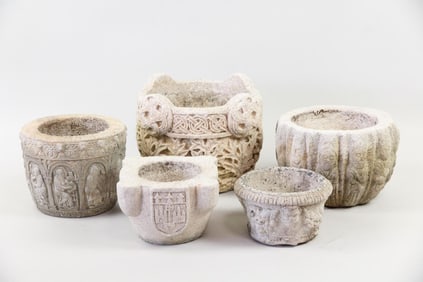 Group of 5 Cast Concrete Planters, Celtic & Neoclassical