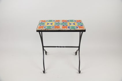 Spanish Revival California Tile Top & Wrought Iron Side Table