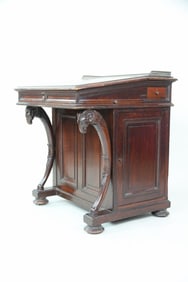 19th C Davenport Carved Slant Top Desk with Rams' Heads