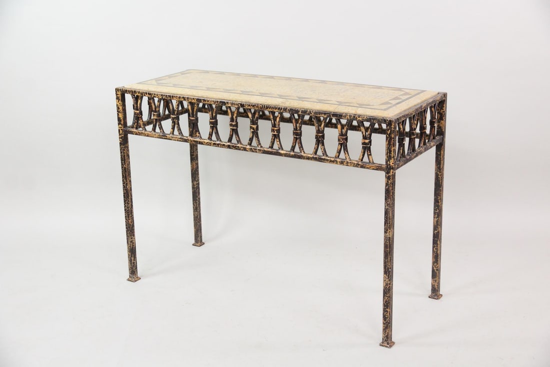 Decorative Console Table with Tesselated Marble Top: Neoclassical Console with Inlaid Marble Top. This console has a metal frame with a lattice-like design along the edge and crackled black painted finish. The top has a beautiful composition of multiple