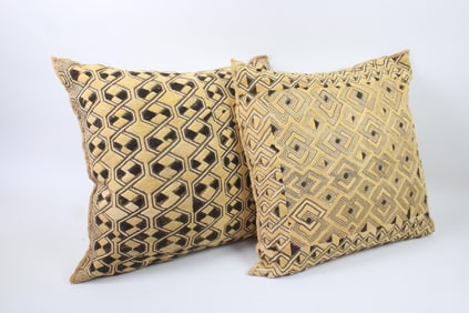 Pair of Central African Kuba Cloth Pillows, Geometric Designs