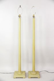 Pair of Simple Wooden Floor Lamps, Yellow Paint