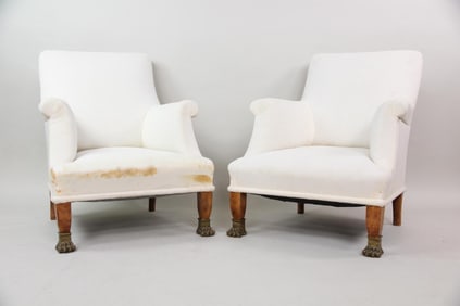 Pair of Swedish Linen Claw Foot Lounge Chairs