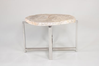 Chrome & Petrified Wood Side Table, Contemporary Modern