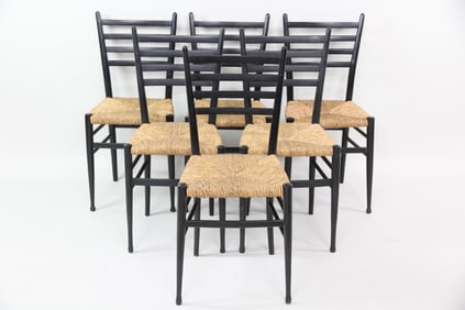 Set of 6 Italian Black Ladder Back & Rush Chairs