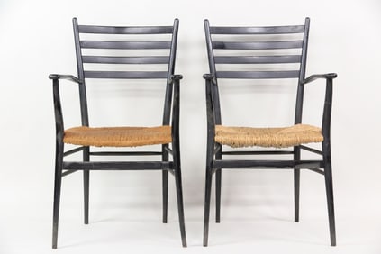 Pair of Italian Black Ladder Back & Rush Armchairs