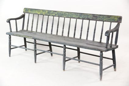 Primitive Spindle Back Bench, Green Paint