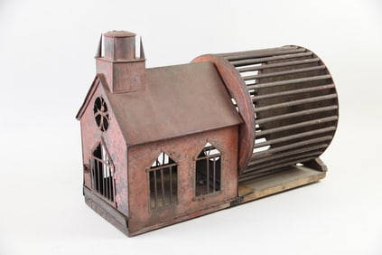 Painted Metal Folk Art Animal Cage with House or Church