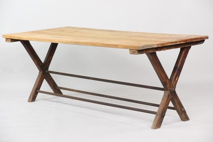 Industrial Wood & Iron Sawbuck Trestle Farm Table
