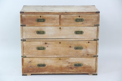 5-Drawer Bleached Wood & Brass Campaign Chest Dresser
