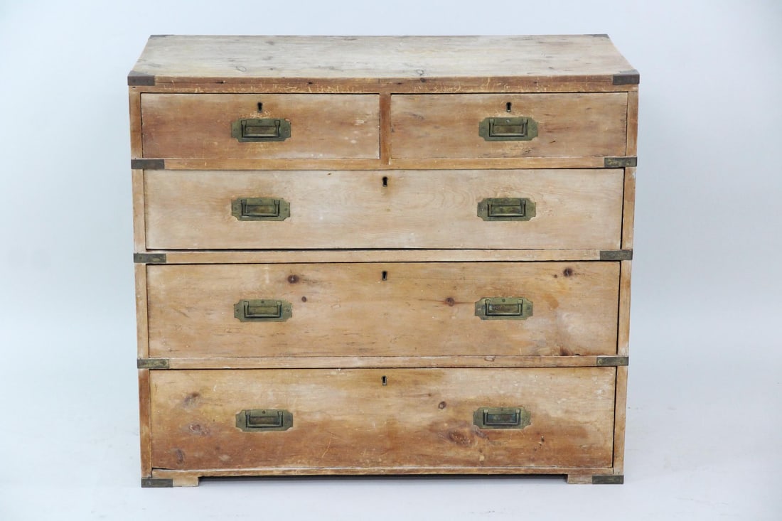 5-Drawer Bleached Wood & Brass Campaign Chest Dresser (1 of 12)