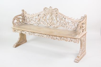 Antique Continental Baroque Carved Wood Hall Bench with Patina
