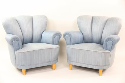Pair of Scandinavian Modern Denim Upholstered Club Chairs