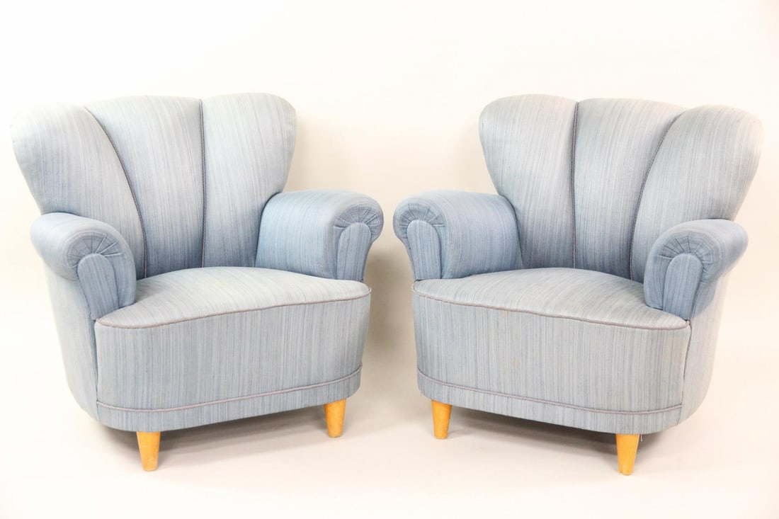 Pair of Scandinavian Modern Denim Upholstered Club Chairs: Pair of Scandinavian Modern Denim Upholstered Club Chairs. Matching pair of chairs featuring a great blue striped denim upholstery, channeled tufted backs and thick seats. Dimensions are 31.5 in h x 3