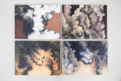 Group of 4 Clark Murray Small Expressionistic Paintings, Orange & Brown Cloudy Skies