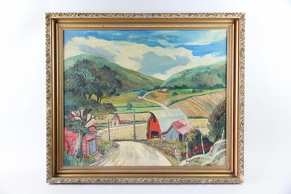 Pastoral Farm Landscape Painting, Signed P. Sampson 1952