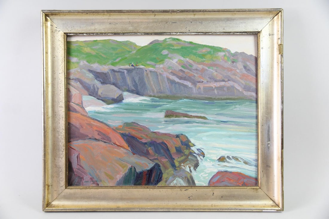 James Havens Seascape Painting 1936: James Havens Seascape Painting 1936. Painting on board of a rocky seascape with tiny figures on a cliff in the distance. Signed by the artist lower left and on the back by the artist James Dexter Have