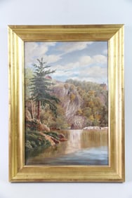Antique Landscape Painting of Autumn Cliffs, Signed Bramhall 1881