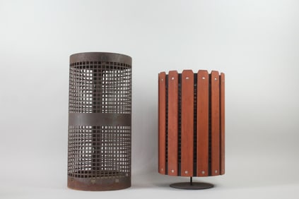 Lot of 2 Outdoor Trash Cans, Metal Mesh & Wood