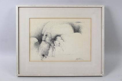 Framed Modernist Ink Drawing of Faces, Signed