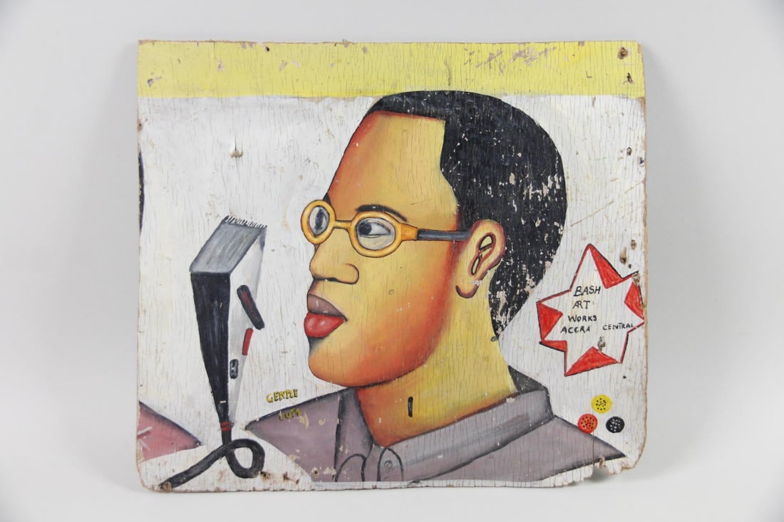 African Barber Shop Coiffure Folk Art Painting "Gentle Cuts": African Barber Shop Coiffure Folk Art Painting. The painting says "Gentle Cuts" within the art. Dimensions are 16.5 in h x 21.25 in w x 1 in d. Condition is good, rough edge from being painted on foun
