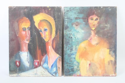 Pair of Expressionist Portrait Paintings, R. Coates 1951