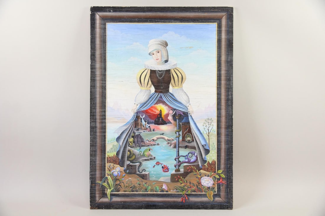 Surrealist Painting, Woman & Fantastical World, Agnes Boulloche: French Surrealist Figure Painting of a Woman, Agnes Boulloche (French, 1951-2019). A fascinating painting depicting a woman in traditional garb who opens her skirt to reveal a fantastical world filled