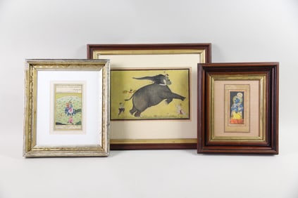Group of 3 Illustrated Manuscript Pages with Persian Miniature Paintings