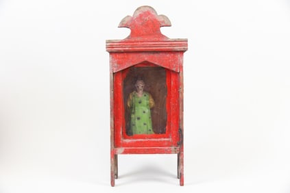 Red Folk Art Wooden Nicho Box with Figure