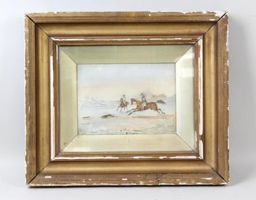 Watercolor Painting of Hunters on Horseback, Signed Bellary 1879