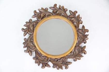 Mid Century Modern Large Plastic Faux Wood Round Mirror