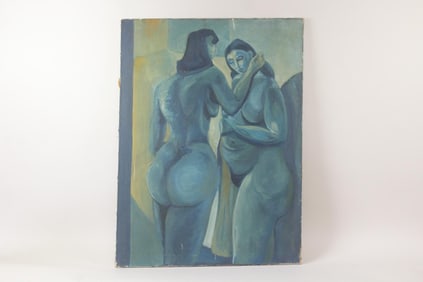 Painting of Two Nude Blue Figures, Signed, 1957
