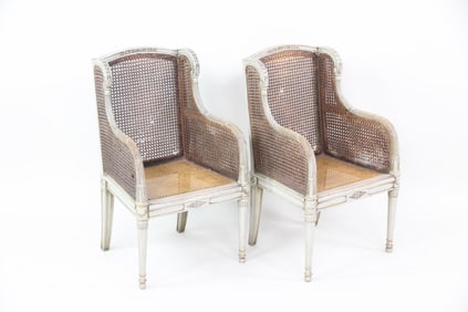 Pair of Diminutive Caned & Carved Wood Children's Bergere Chairs