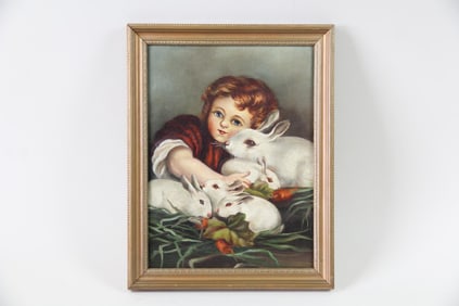 Antique Painting of Young Girl & Bunny Rabbbits, Samascott, Kinderhook, NY