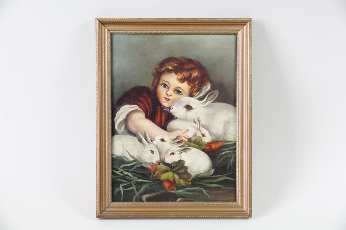 Antique Painting of Young Girl & Bunny Rabbbits, Samascott, Kinderhook, NY (1 of 9)