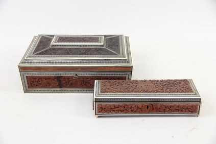 Group of 2 Anglo-Indian Carved Boxes with Sadeli Inlay