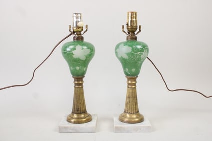 Pair of Green Etched Glass & Marble Lamps, Grape Vine Motif