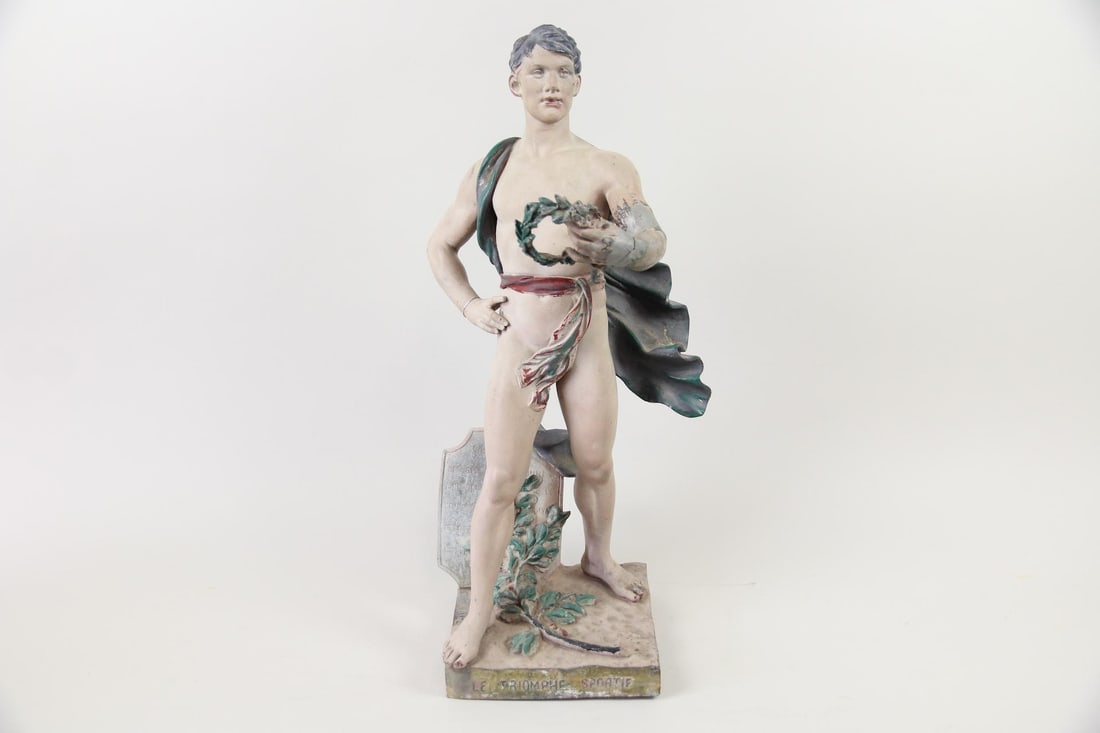 A.J. Scotte French Metal Nude Male Statue "Le Triomphe Sportif": A.J. Scotte French Metal Statue Neoclassical Sculpture "Le Triomphe Sportif". 19th C painted cast metal sculpture of a triumphant male athlete, signed by the artist A.J. Scotte (French 1867-1925.) Dim