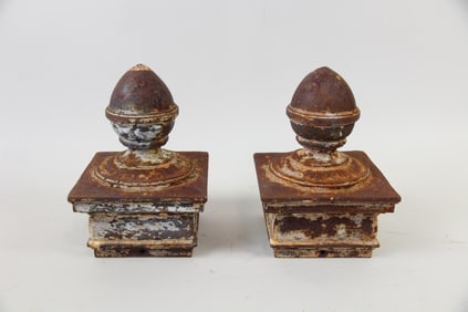 Pair of Rusty Garden Cast Iron Ball Architectural Finials