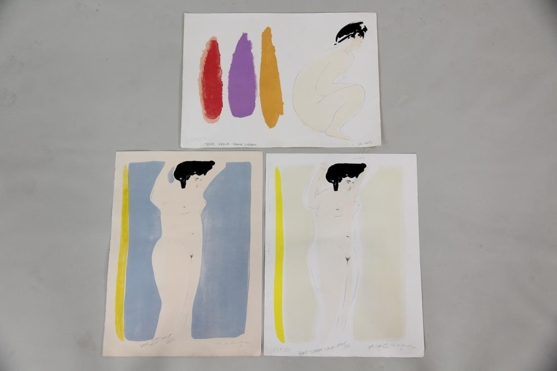 Group of 3 Modernist Nude Gouache Paintings by Thomas Barnett: Group of 3 Large Modernist Female Nude Gouache Paintings by Thomas Barnett. Gouache paintings on paper, signed lower right by the artist Thomas Barnett (American 1928-2008.) Dimensions are 32 in h x 2