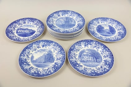 Set of 12 Blue & White Vassar College Wedgewood Plates
