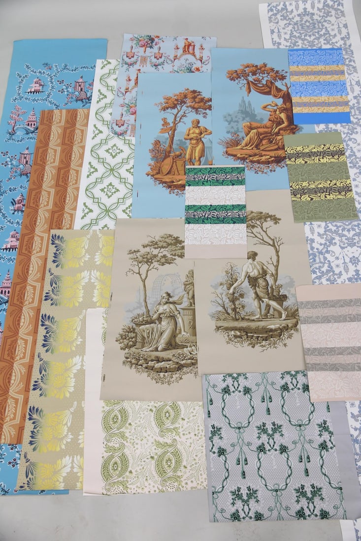 Lot of 15 Wallpaper Segments: Lot of 15 Wallpaper Segments. Wallpaper in a variety of colors and subjects. Makers include Waterhouse Wall Hangings and Adelphi Paper Hangings. Dimensions of largest is 138.5 in h x 23 in w. Smallest