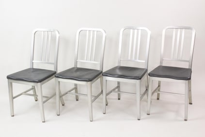 Set of 4 Industrial Goodform Chairs, Aluminum & Black Vinyl