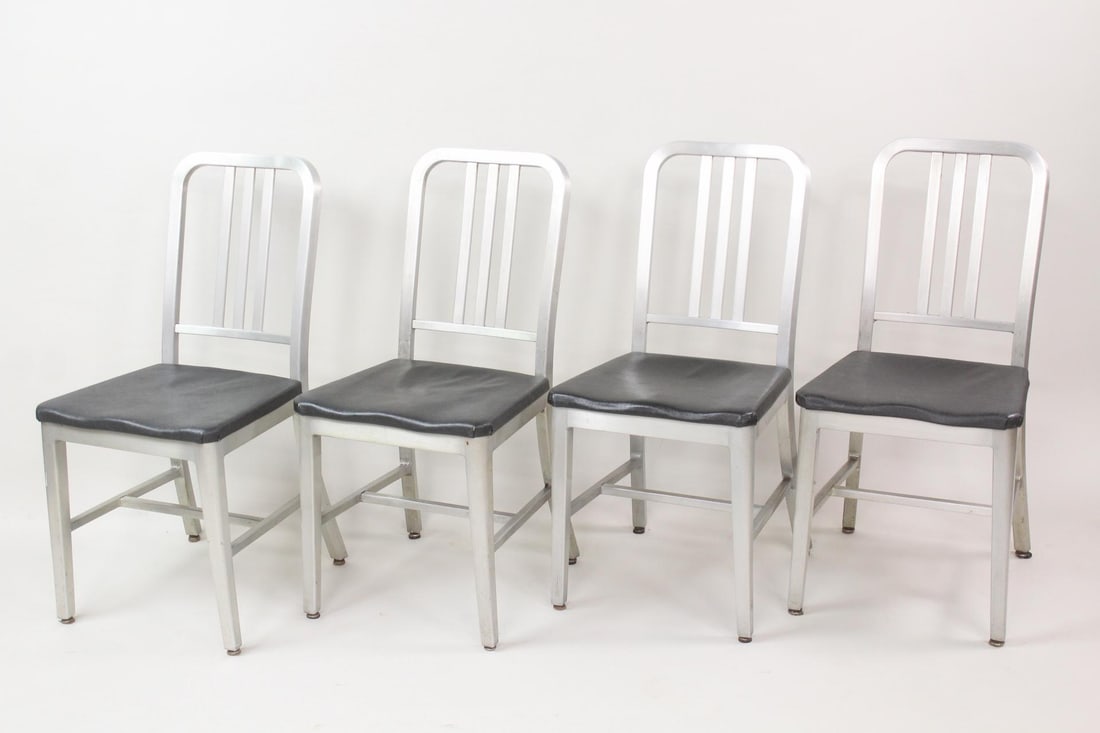 Set of 4 Industrial Goodform Chairs, Aluminum & Black Vinyl: Set of 4 Industrial Modern Goodform Chairs. Matching set of aluminum dining or office chairs with contoured black vinyl seats and slatted backs. Goodform, Made in U.S.A. label affixed to frame. Dimens