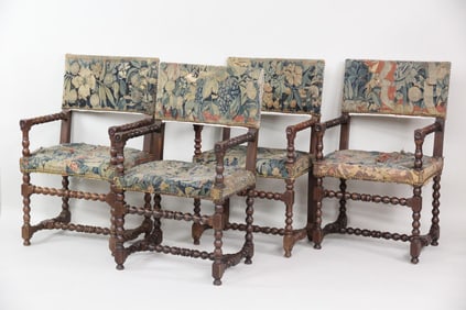 Set of 4 Bobbin Turned Wood & Tapestry Upholstered Chairs